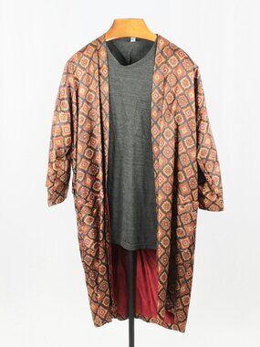 Vintage CAULFIELD Red Black Foulard Satin Twill Kimono Robe, One Size